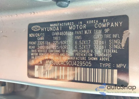 2012 Hyundai Tucson Gls from USA, damaged, VIN KM8JUCAC9CU429505